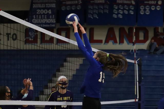 126033455_web1_ScotlandVsJackBritt2
Junior Angelle Norton goes up for a block during Tuesdays win over Jack Britt.
Neel Madhavan | Laurinburg Exchange File Photo