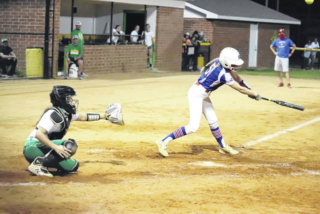 Scotland junior Kadence Sheppard fouls off a pitch with Richmond sophomore catcher Macy Steen looking on during Tuesdays game.
Neel Madhavan | Daily Journal & Laurinburg Exchange