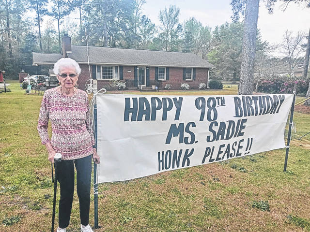 JJ Melton | The Laurinburg Exchange
Sadie Odom turned 98 years old on Friday. She didnt want a birthday celebration so her family and friends came up with this unique way to honor her birthday. Honking horns could be heard throughout the day as passing vehicles went by wishing her a happy birthday.