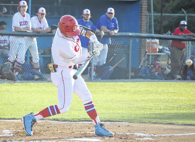 <p>Junior Parker Byrd (1) hits a solo home run in the first inning against Hoke County Friday night.</p>
<p>Neel Madhavan | Laurinburg Exchange</p>