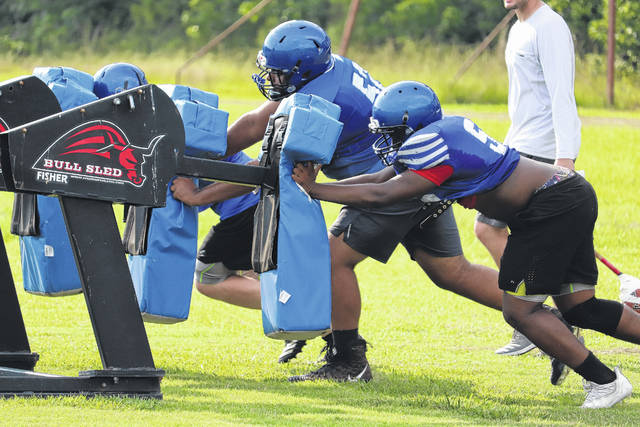 127481154_web1_Scotland2021FootballPreseason3
Scots linemen work on drills during a Scotland preseason football practice on Aug. 10.
Neel Madhavan | Laurinburg Exchange File Photo