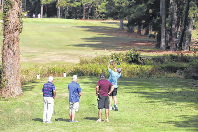 <p>A foursome tees off on the 10th hole Wednesday at Scotch Meadows.</p>
<p>Neel Madhavan | Laurinburg Exchange</p>