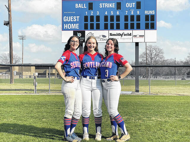 <p>Scotland softball seniors Natalie Smith (left), Carleigh McKeithan (center), and Sydnee Dial (right) pose for a picture during practice on Feb. 27. Smith and McKeithan signed to play softball at Guilford College on Jan. 24 while Dial will sign to play softball at Columbia International University on March 3.</p>
<p>Photo| Brandon Hodge/ The Laurinburg Exchange</p>