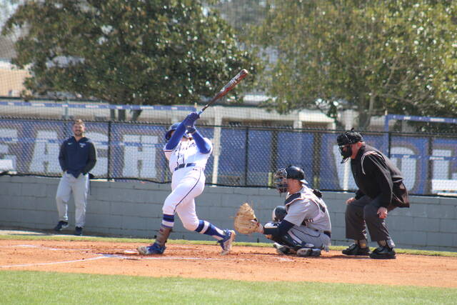 <p>St. Andrews’ Garrett Hamby puts the ball into play during Saturday’s home doubleheader against Reinhardt.</p>
<p>Photos| Brandon Hodge/ The Laurinburg Exchange</p>