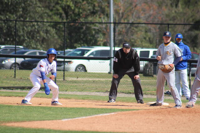 <p>St. Andrews’ Adrian Ojea stands off of first base during Saturday’s home doubleheader against Reinhardt.</p>
<p>Photos| Brandon Hodge/ The Laurinburg Exchange</p>