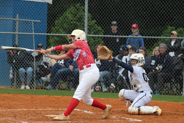 <p>Scotland’s Lindsay Locklear swings at a pitch during Friday night’s NCHSAA 3A East fourth round playoff game against Western Alamance.</p>
<p>Brandon Hodge | The Laurinburg Exchange</p>