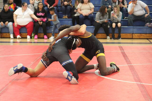 <p>Scotland’s Treyvon Brigman, left, wrestles Montgomery Central’s Jerry Ceraphin, right, in a 138-pound match during Thursday’s tri-meet in Laurinburg.</p>
<p>Brandon Hodge | The Laurinburg Exchange</p>