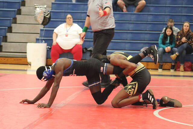 <p>Scotland’s Josh Smith, left, and Marlboro County’s Tristan Brown, right, wrestle in a 106-pound match during Thursday’s tri-meet in Laurinburg.</p>
<p>Brandon Hodge | The Laurinburg Exchange</p>
