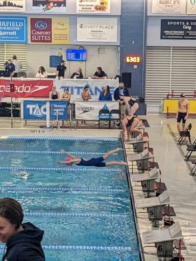 130365212_web1_imagejpeg_2
Scotlands Taylor Johnson, center, launches herself into the pool during an event at the North Carolina High School Athletic Associations 3A State Championship, held Wednesday and Thursday at the Triangle Aquatic Center.
Contributed photo | Susan Johnson