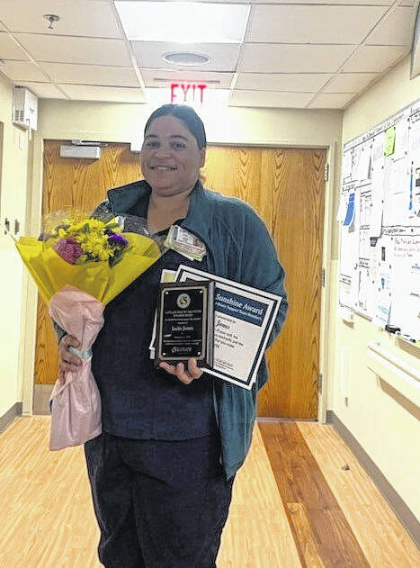 130403597_web1_Nurse-Award
India Jones, a patient care technician, in the Womens Center at Scotland Health, was recently awarded the Sunshine Award. The Sunshine Award is Scotland Healths award for extraordinary nursing support team members.