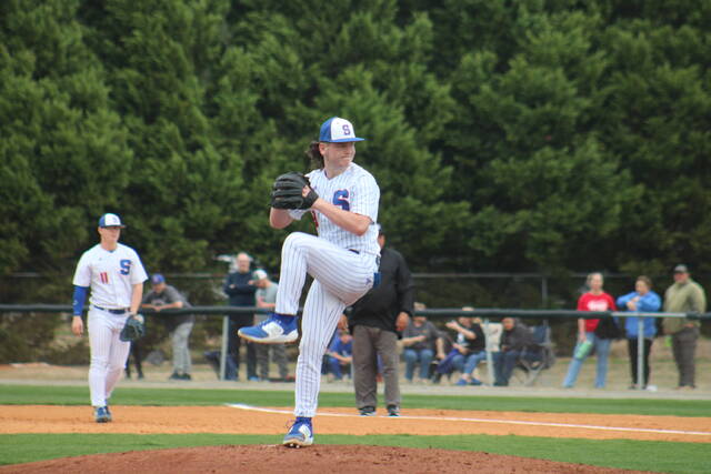 <p>Scotland’s Dylan Tilson gets set to pitch the ball during Wednesday’s suspended opener against East Columbus at McCoy Field in Laurinburg.</p>
<p>Brandon Hodge | The Laurinburg Exchange</p>