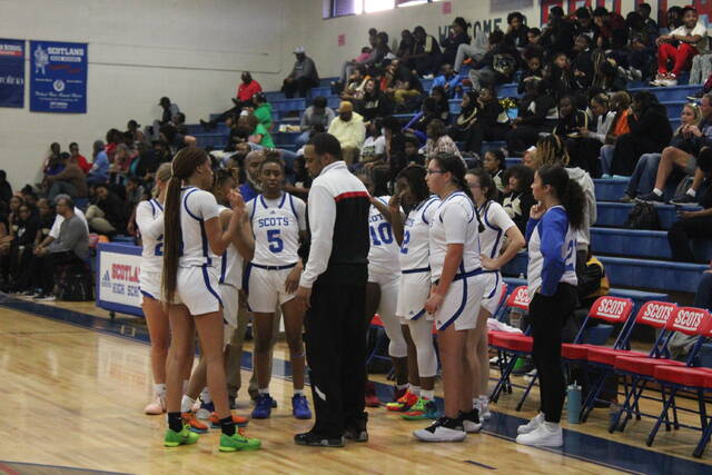 130450380_web1_IMG_7323
The Scotland womens basketball team huddles together in-between the third and fourth quarters of the Battle of the Border rivalry game on Dec. 9, 2023, against Marlboro County in Laurinburg.
File photo