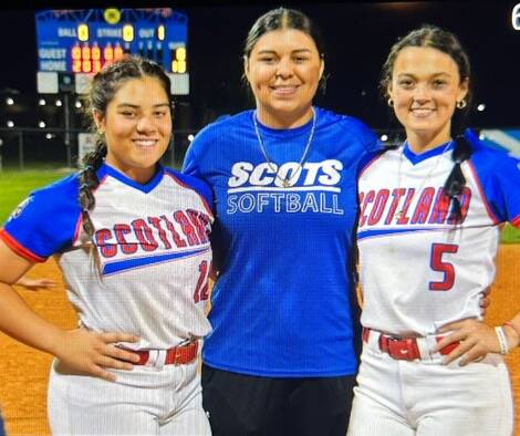 130559000_web1_78E310EB-9BC7-427E-8F72-3740E6B4C488
Scotland seniors Nateya Scott, left, and Lindsay Locklear, right, along with senior manager Summer Locklear, center, take a picture together before the start of Tuesdays senior night game against Lee County in Laurinburg,
Meredith Bounds | Contributed Photo