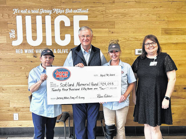 130586134_web1_-4863665452313827029
The numbers are in and Jersey Mikes Laurinburg and Pembroke stores garnered $24,053 for the Scotland Memorial Fund on Jersey Mikes Day, held on March 30. Ron Gibson, the Laurinburg stores owner, said the Laurinburg store ranked number 22 out of 2,500 stores across the nation in sales. Shown are Pembroke store owner, Teressa Radford, left, Gibson, Laurinburg store manager Renaughta Ormsby, and Misty McMillan, executive director of the Scotland Memorial Foundation.
Courtesy photo
