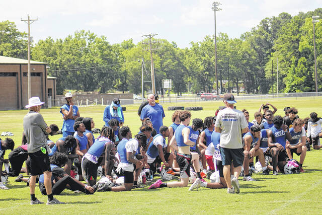 130769248_web1_IMG_9370
The Scotland Fighting Scots football team will start fall season practices next week. Here, they listen to various coaches after a seven-on-seven practice with other teams in the area on Wednesday, June 19 at Scotland High School in Laurinburg, North Carolina.
Andrew Smolar | The Laurinburg Exchange