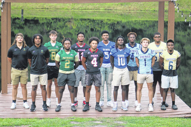 130825899_web1_IMG_9740
Player representatives for all SAC teams pose for a picture during media day on Sunday, Aug. 11. Seniors Jisan Mcphatter and Zion Morrison represented Scotland.
Andrew Smolar | The Laurinburg Exchange