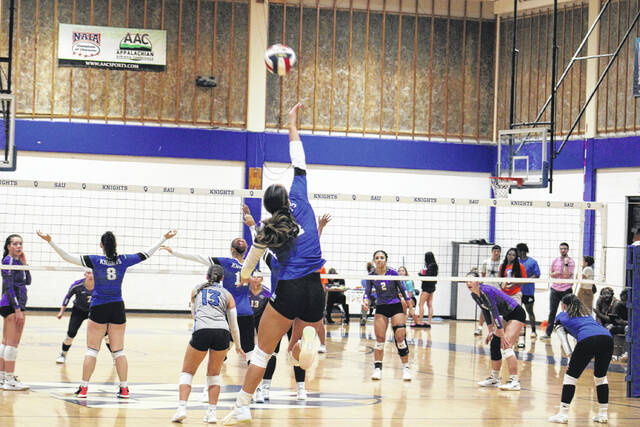 130921046_web1_IMG_0907
Jade Alvarez serves the ball during the Knights matchup on Tuesday night with Columbia.
Andrew Smolar | The Laurinburg Exchange