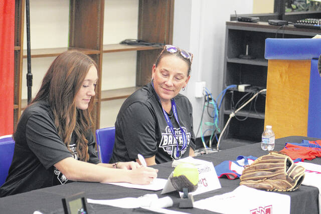 131083718_web1_IMG_1938
Scotland senior Marissa Smith (left) signs her papers to play softball at USC Union during a signing ceremony held at Scotland High School on Wednesday afternoon.
Andrew Smolar | The Laurinburg Exchange