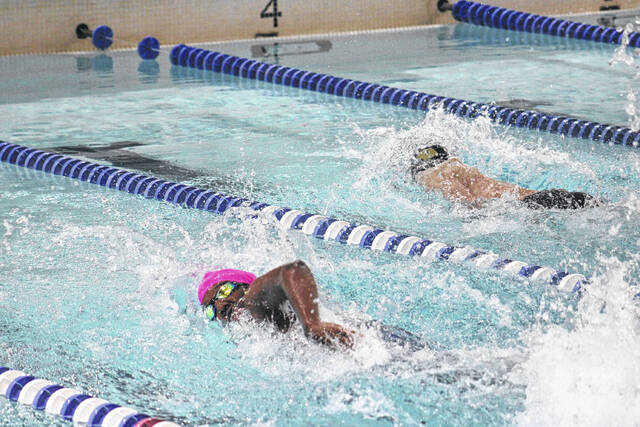 131137507_web1_IMG_2591
Elisha Dockery competes in the mens 50-yard freestyle on Wednesday. Dockery posted two individual third place finishes in the 50-free and 100-yard breastroke while also being part of the 200-yard freestyle relay team that came in third with a season best time.
Andrew Smolar | The Laurinburg Exchange