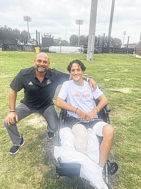 131159143_web1_CMYK--1-
East Carolina Head Baseball Coach Cliff Godwin, left, and Parker Byrd, right, take a picture together while Byrd recovers from a freak accident that caused part of his right leg to be amputated in 2023. Byrd made history in his return to the field last season by becoming the first player in Division I baseball history to play in a game with a prosthetic leg.
File Photo
