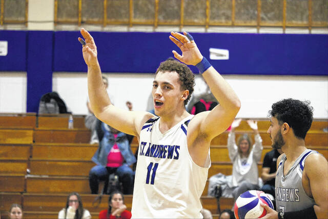 131194927_web1_MENVBALL
The St. Andrews Knights mens volleyball team has released their 2025 season schedule. Here, Hugo Gonzalez-Gutierrez (11) celebrates during a match last season against Webber at Harris Court in Laurinburg.
File Photo