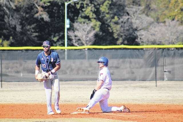 131262357_web1_IMG_3208
Garrett Wolff (9) smiles to the Knights dugout after stealing second base during St. Andrews win over Montreat on Saturday afternoon. Wolff had an RBI single during Sundays series finale.
Andrew Smolar | The Laurinburg Exchange