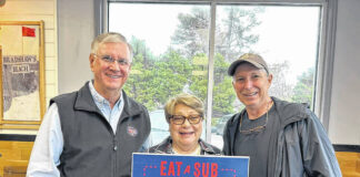 
			
				                                Jersey Mike’s Laurinburg and Pembroke owner Ron Gibson and his wife Carole is shown with retired doctor Paul Rush at the Day of Giving celebration in 2024.
                                 Courtesy photo | Scotland Health

			
		