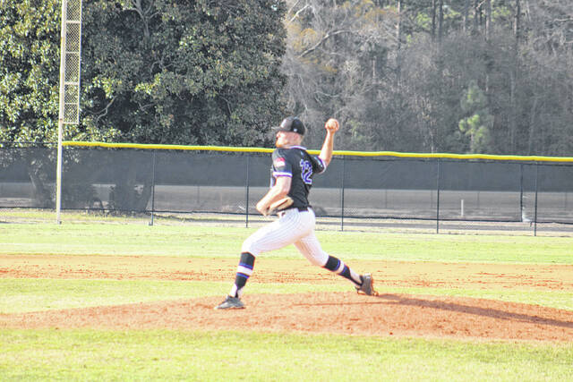 131367960_web1_IMG_4374
Tyler Barfield (12) throws a pitch during the Knights home victory over Bluefield on Saturday afternoon at Clark Field. Barfield pitched all nine innings and had eight strikeouts while allowing just five hits and two walks.
Andrew Smolar | The Laurinburg Exchange