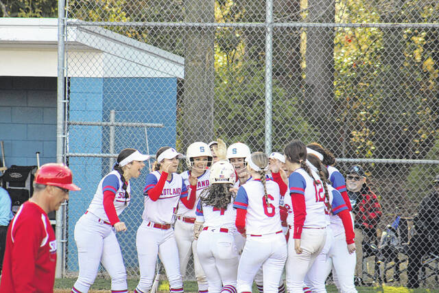 131371626_web1_IMG_4407
The Scots celebrate a home run by Dawson Blue (4) at home plate during Scotlands 3-1 victory over the South Brunswick Cougars on Monday night at Scotland High School.
Andrew Smolar | The Laurinburg Exchange