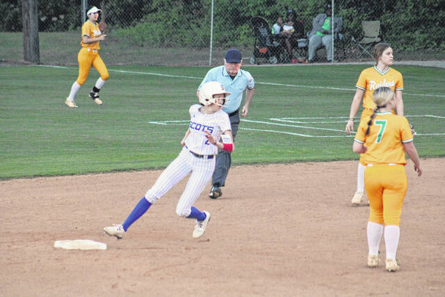 131449056_web1_IMG_4905
Addison Johnson (2) rounds second base during Scotlands win over the Raiders on Thursday night at Scotland High School. Johnson went 3-4 from the plate with two RBIs and three runs scored.
Andrew Smolar | The Laurinburg Exchange