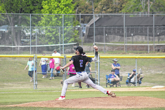 Garrett Manning (2) throws a pitch during Scotlands victory over Lumberton in the Robeson County Slugfest on Monday morning at Fairmont High School. Manning pitched all seven innings and had eight strikeouts.
                                 Andrew Smolar | The Laurinburg Exchange