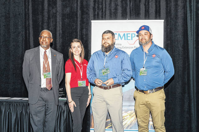 131491234_web1_We-Pack-Logistics-award-1---Copy
Shown from left, Phil Mintz, Executive Director Industry Expansion Solutions and North Carolina Manufacturing Extension Partnership (NCMEP); Bailey Smith, Extension Coordinator (Zeis Textiles Extension), NC State Wilson College of Textiles; Tyler Graves, Director of Operations; Clifton Dial, Operations Manager pose as We Pack is presented the NCMEP.
Courtesy photo | RichmondCC
