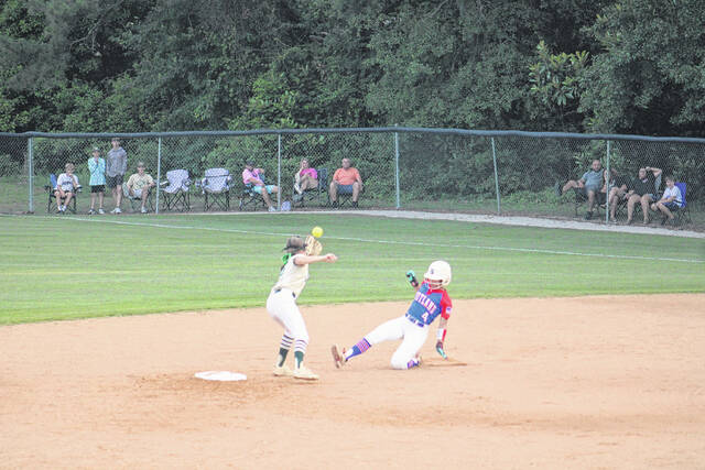 131528470_web1_IMG_5298
Dawson Blue (4) steals second base during Scotlands Game 1 win over South Johnston on Tuesday night at Scotland High School. Blue went 3-4 batting with an RBI and two runs scored while also stealing four bases.
Andrew Smolar | The Laurinburg Exchange