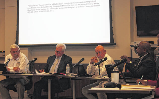 131558242_web1_Consolidation
The Scotland County Board of Commissioners on Monday held a public hearing on whether or not to consolidate the Scotland County Department of Social Services and the Health Department into a human services agency. The commissioners voted 4-3 in favor.
Tomeka Sinclair | The Laurinburg Exchange