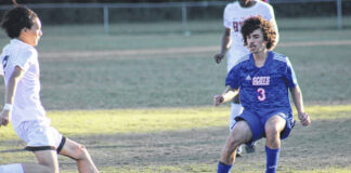 
			
				                                Freshman Nathan Ward (3) challenges for the ball during the Fighting Scots’ dominant win over Douglas Byrd. Ward delivered a breakout performance, scoring a season-high four goals in the match.
                                 Travis Petty Jr | The Laurinburg Exchange

			
		