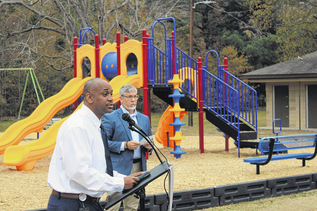 <p>Scotland County Parks and Recreation Director Lawrence Baker speaks during a ribbon-cutting on Friday for new playground equipment at Charles F. Murray Park in Wagram.</p>
<p>Tomeka Sinclair | The Laurinburg Exchange</p>