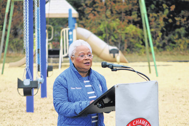 <p>Leaders from Scotland County and the Town of Wagram gather to celebrate the installation of new playground equipment funded through a state rural development grant.</p>
<p>Tomeka Sinclair | The Laurinburg Exchange</p>