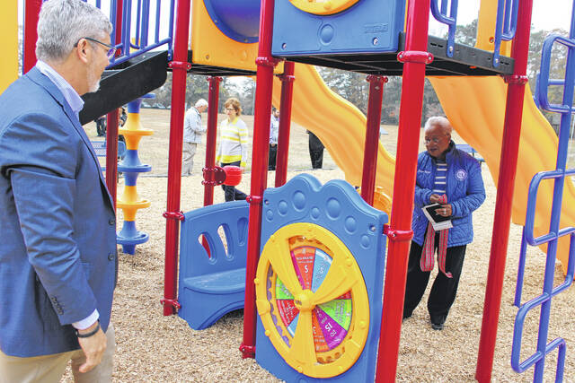<p>Leaders from Scotland County and the Town of Wagram gather to celebrate the installation of new playground equipment funded through a state rural development grant.</p>
<p>Tomeka Sinclair | The Laurinburg Exchange</p>