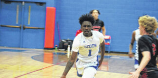 
			
				                                Scotlands senior Zaymon Gibson(1) races down the court on a fast break against the Cheraw Braves, Jan. 3, 2026.
                                 Travis Petty Jr | The Laurinburg Exchange

			
		