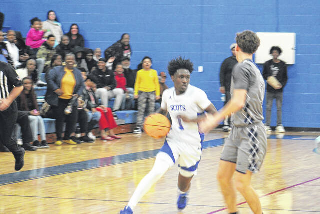 Scots senior Zaymon Gibson (1) drives past a Purnell Swett defender during the Fighting Scots Senior Night victory on Feb. 6, 2026.
Travis Petty Jr | The Laurinburg Exchange