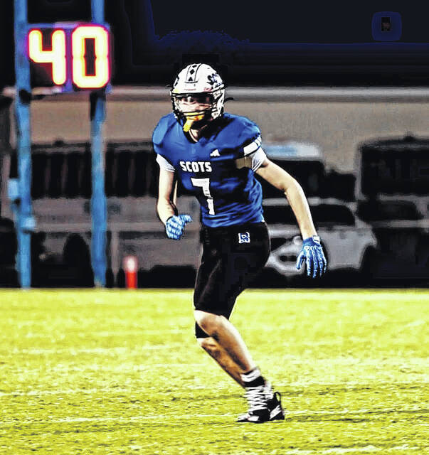 Scots senior Jesse Clifton (7) versus the Overhills Jaguars on Sept. 12, 2025. Clifton received a football scholarship offer from Methodist University.
Courtesy Photo