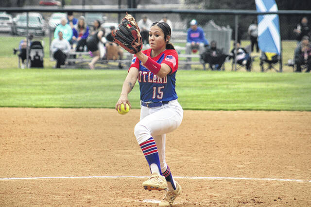 Scots Haydynn Lowery delivers a pitch in the top of the second inning against Lumberton on March 20, 2026. 
                                 Travis Petty Jr | The Laurinburg Exchange