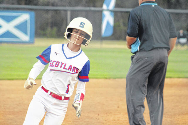 Scots junior Arianna Brigman (1) sprints around third base in the bottom of the third inning versus Hoke County on March 25, 2026. 
                                 Travis Petty Jr | The Laurinburg Exchange