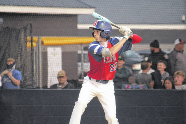 Scotland junior Collin Hill (20) waits for the pitch during the first inning of the Robeson County Slugest Championship against Purnell Swett on March 7, 2026. 
                                 Travis Petty Jr | The Laurinburg Exchange