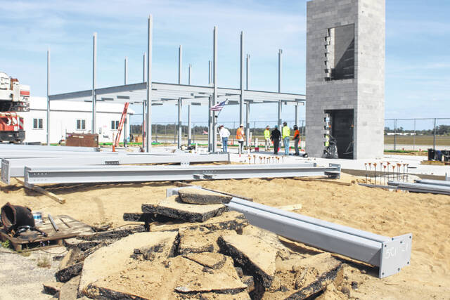 Construction continues Thursday on the new 8,200-square-foot terminal at Laurinburg-Maxton Airport. The two-story terminal is expected to feature expansive glass, a vaulted lobby ceiling and entrances from both the roadway and the airfield. An interior overlook will provide clear views of the runway, taxiway and arriving aircraft.
Tomeka Sinclair | The Laurinburg Exchange