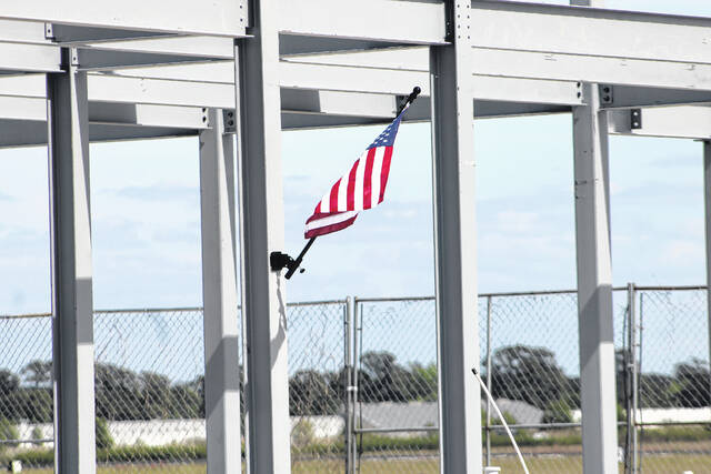 Attendees gather Thursday at Laurinburg-Maxton Airport as officials mark a construction milestone for the airports new 8,200-square-foot terminal during a ceremony highlighting ongoing progress on the $5.2 million project. The event featured remarks from local, state and federal leaders and the placement of a structural steel beam in the new buildings framework.
Tomeka Sinclair | The Laurinburg Exchange