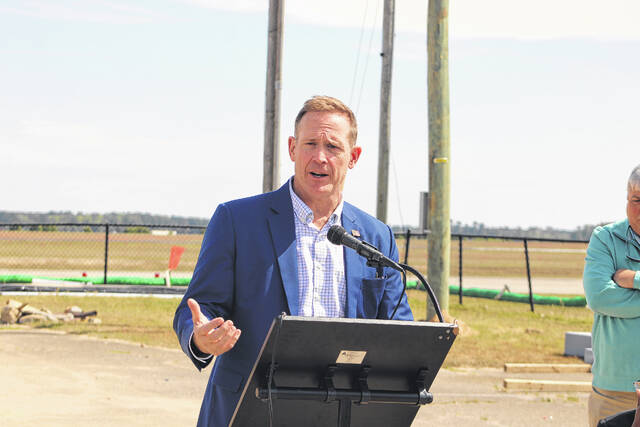 Attendees gather Thursday at Laurinburg-Maxton Airport as officials mark a construction milestone for the airports new 8,200-square-foot terminal during a ceremony highlighting ongoing progress on the $5.2 million project. The event featured remarks from local, state and federal leaders and the placement of a structural steel beam in the new buildings framework.
Tomeka Sinclair | The Laurinburg Exchange