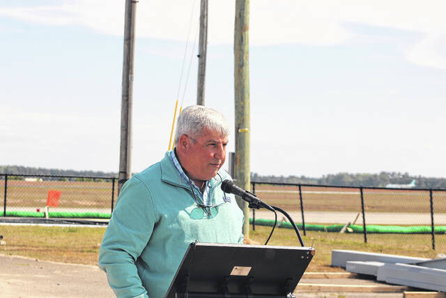 Attendees gather Thursday at Laurinburg-Maxton Airport as officials mark a construction milestone for the airports new 8,200-square-foot terminal during a ceremony highlighting ongoing progress on the $5.2 million project. The event featured remarks from local, state and federal leaders and the placement of a structural steel beam in the new buildings framework.
Tomeka Sinclair | The Laurinburg Exchange