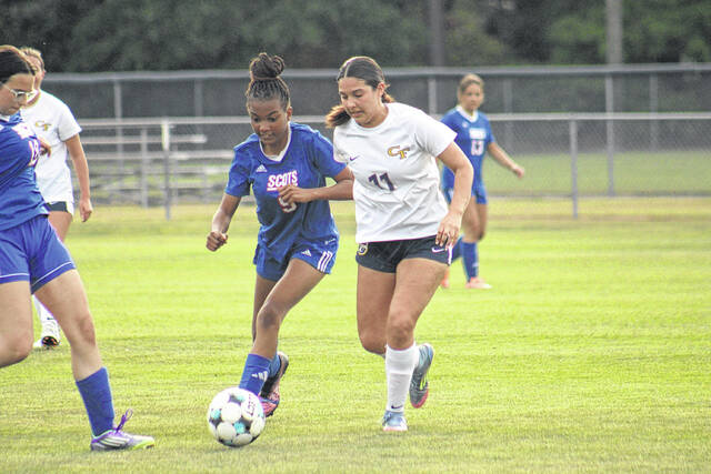 Scotland sophomore Serenity Stewart (9) dribbles upfield while a Cape Fear defender applies pressure on April 13, 2026.
Travis Petty Jr | The Laurinburg Exchange