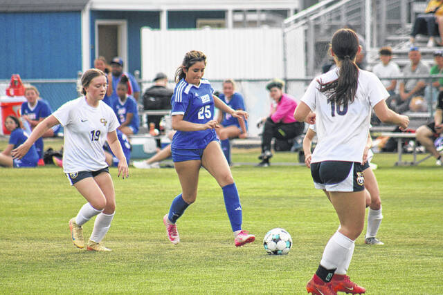 Scotland sophomore Sophia Garcia (25) drives forward in transition against Cape Fear on April 13, 2026.
Travis Petty Jr | The Laurinburg Exchange